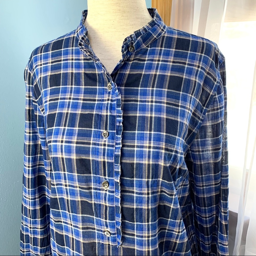 J. Crew Ocean Blue Plaid Ruffle Popover Shirt - Picture 3 of 10